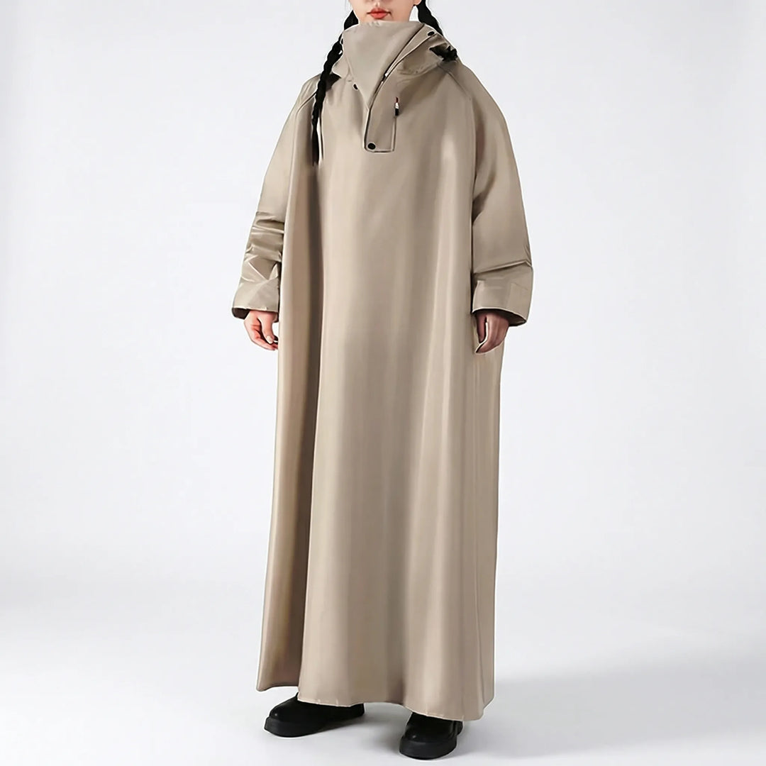 Durable unisex long hooded rain jacket, waterproof and weatherproof. Ideal for riding, motorcycling, and wet weather commutes.
