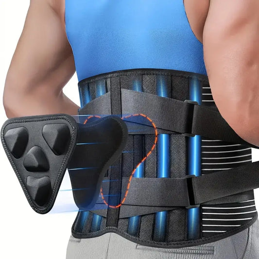 Unisex lumbar back brace for lower back pain relief. Adjustable support for sciatica, herniated disc.