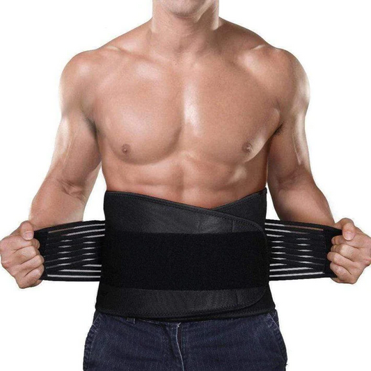 Unisex lumbar back support brace for lower back pain relief, providing muscle and spinal support.
