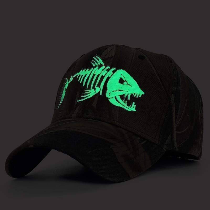 Unisex luminous embroidered fishing cap, black polyester, glowing logo, snapback closure, for night fishing