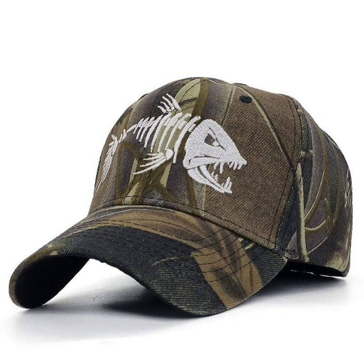 Close-up of luminous embroidered fish detail on a unisex black fishing cap, perfect for outdoor night gear