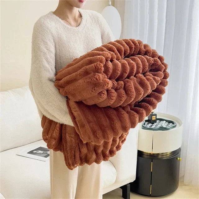 Cozy rabbit plush throw blanket for bedding or couch, offering luxurious soft warmth.