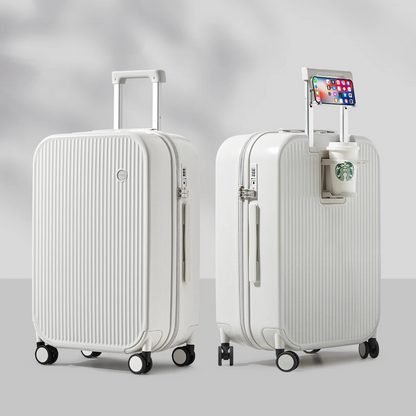 Hardshell travel suitcase with spinner wheels at an airport, ready for a seamless vacation or business trip.