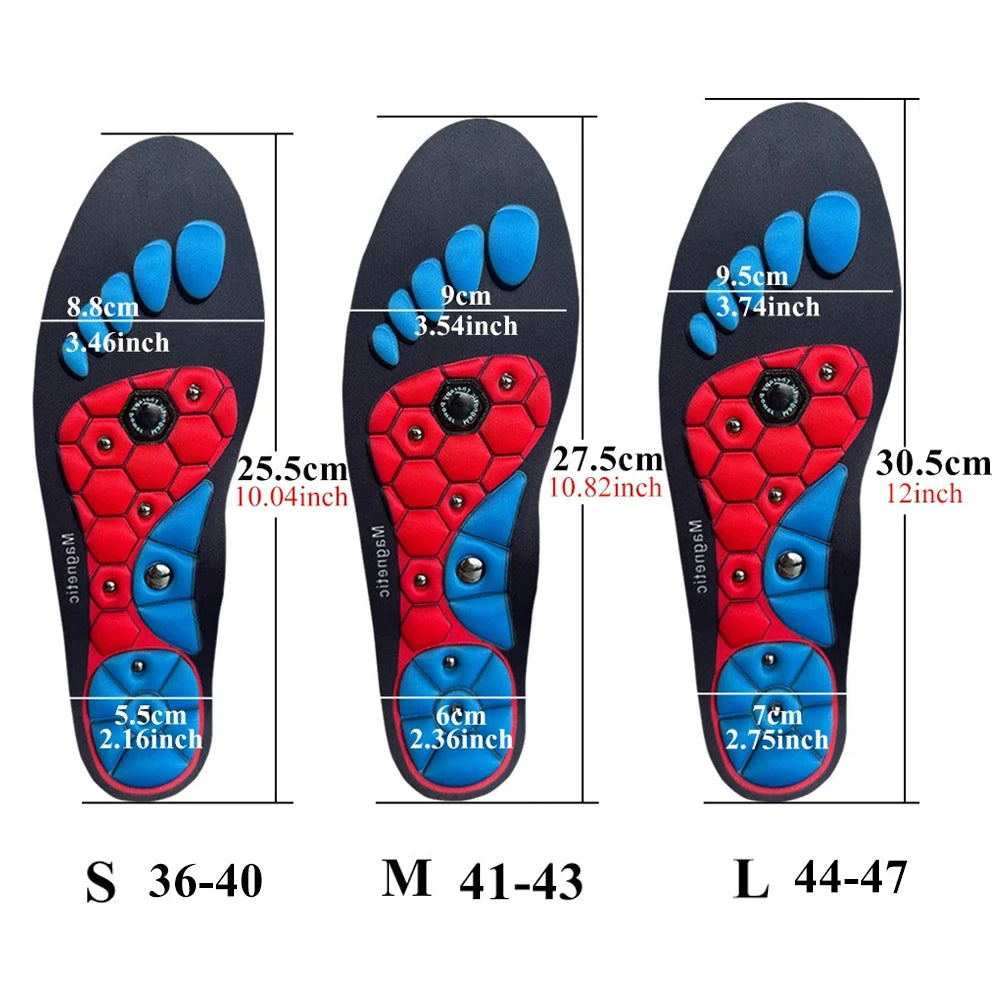 Trimmable magnetic acupressure shoe inserts offer ergonomic support, shock absorption & fatigue reduction.