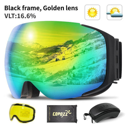 Ski goggles on a snow-covered mountain, showcasing outdoor gear functionality