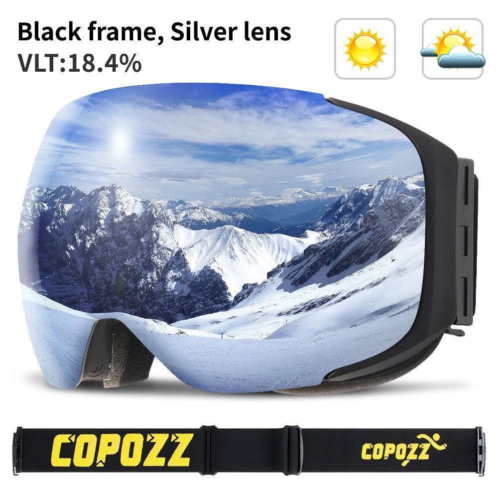 Front view of black magnetic ski goggles with mirrored anti-fog lens, snowboard ready