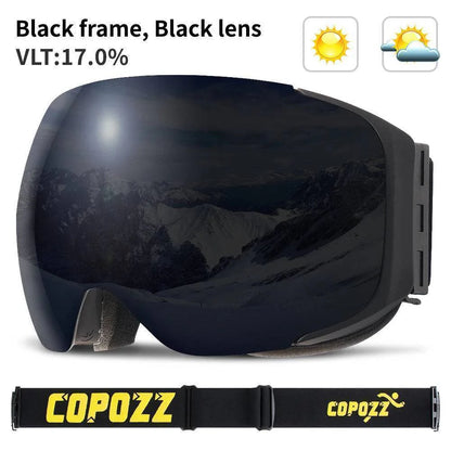 Detail of UV400 protective lens on unisex magnetic ski goggles for winter sports