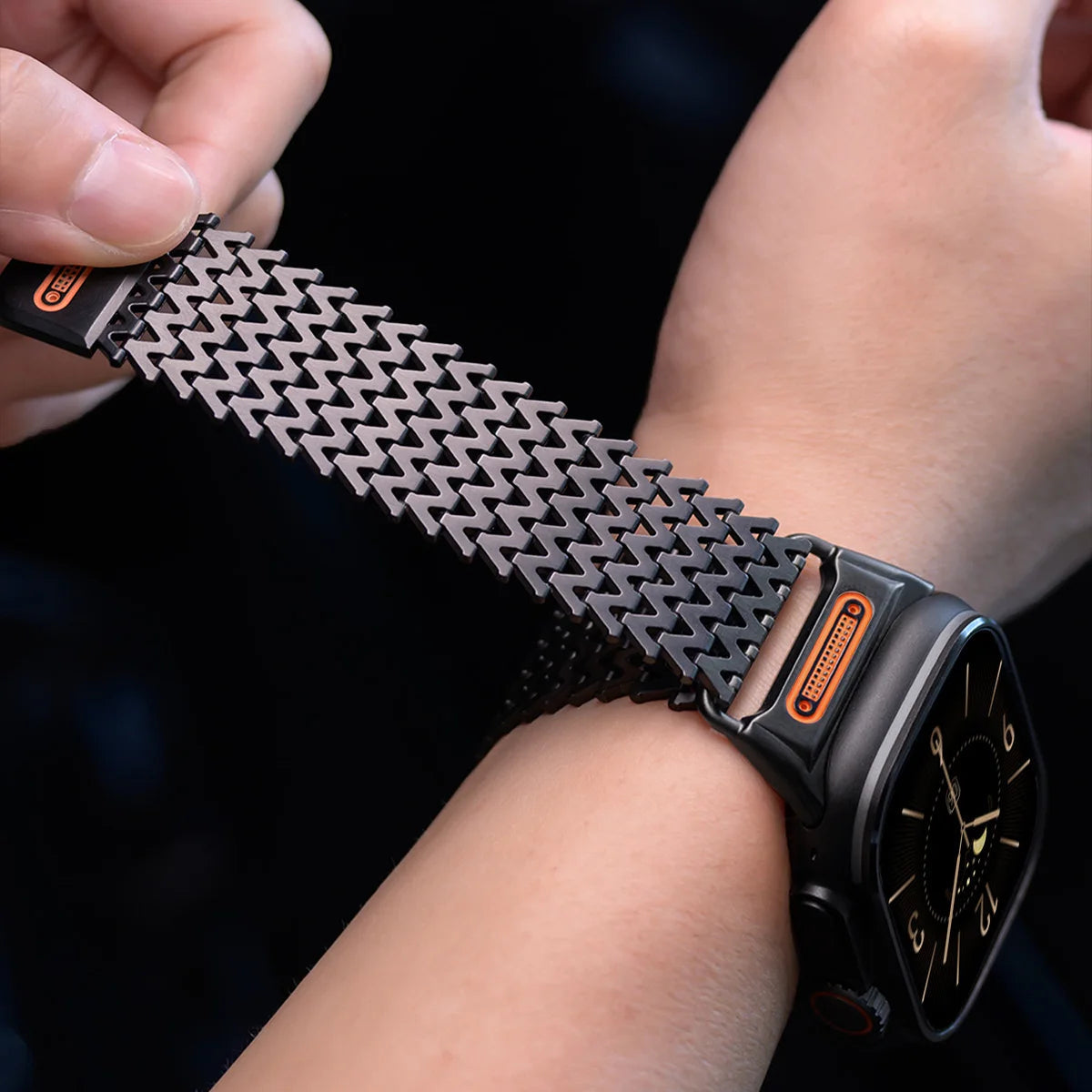 Premium magnetic stainless steel smartwatch band, providing a secure and comfortable fit.