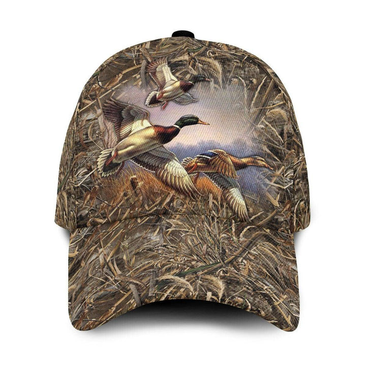Close-up of Mallard duck embroidery on a Hunting Camo Baseball Cap, showcasing detailed outdoor accessory