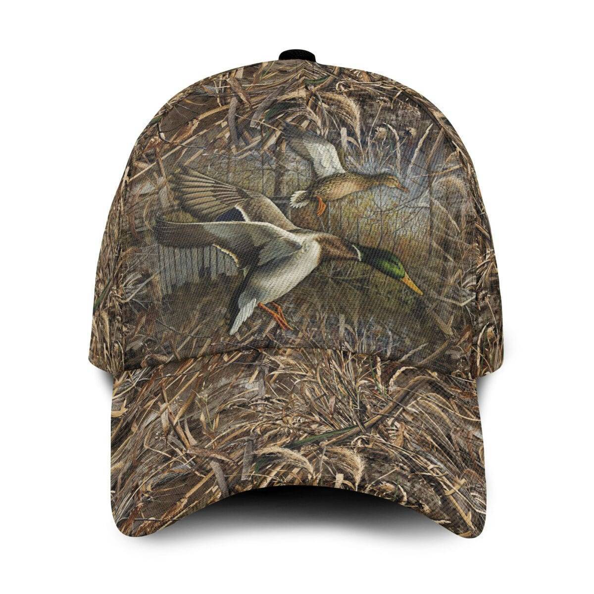 Unisex baseball cap in hunting camouflage print with Mallard duck logo, ideal for outdoor and camping