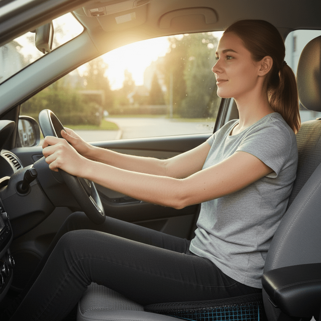 Ergonomic memory foam car cushion for sciatica and back pain relief. Provides excellent posture support for driving.