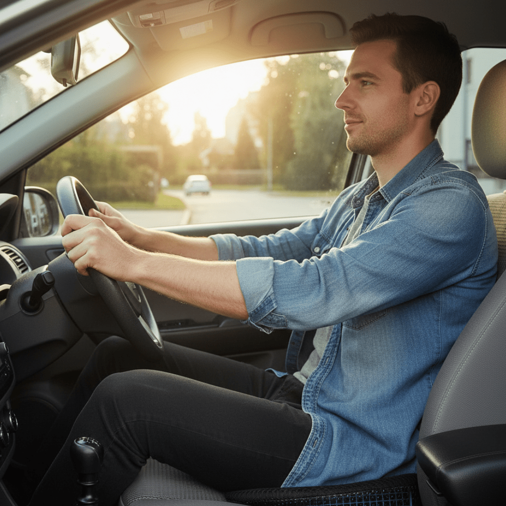 Car seat cushion with premium memory foam, designed for sciatica and back support during long drives. Unisex design.