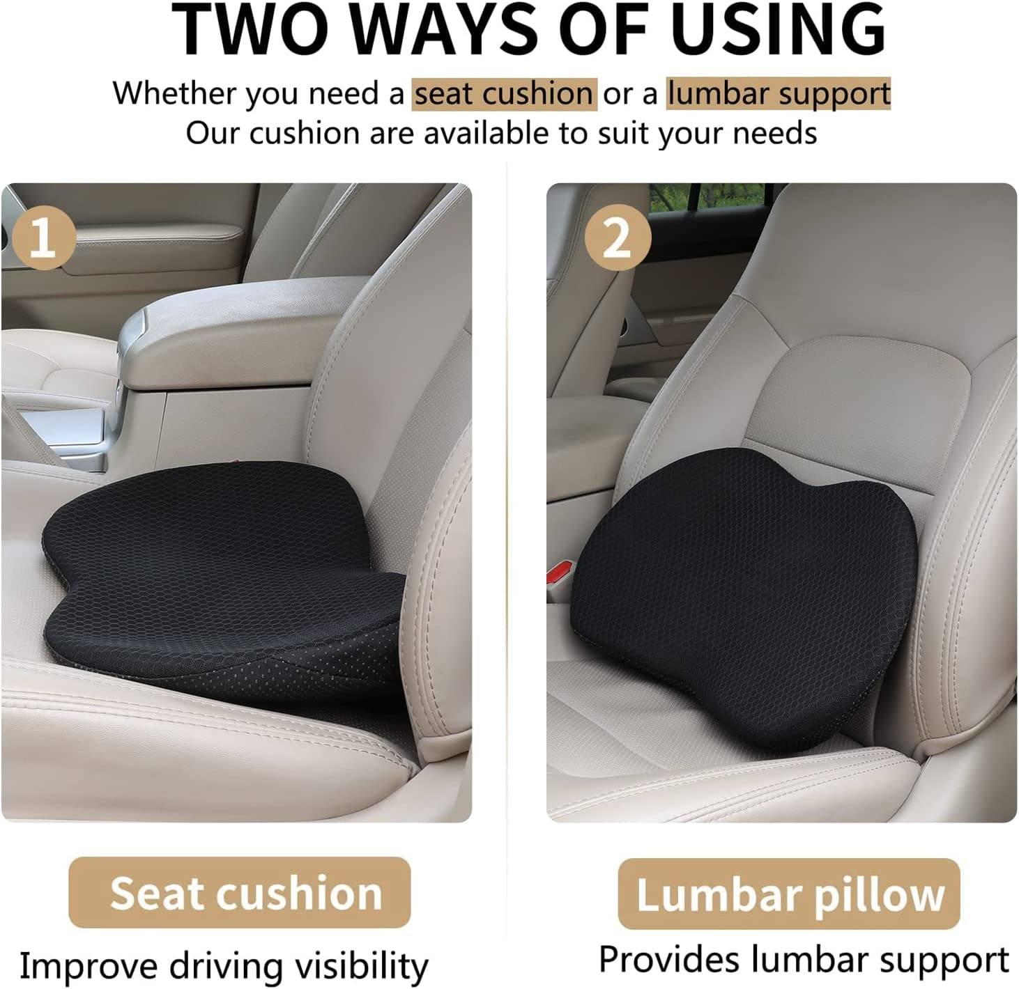 Full view of a dark grey unisex car seat cushion, designed for height boost & comprehensive back support.