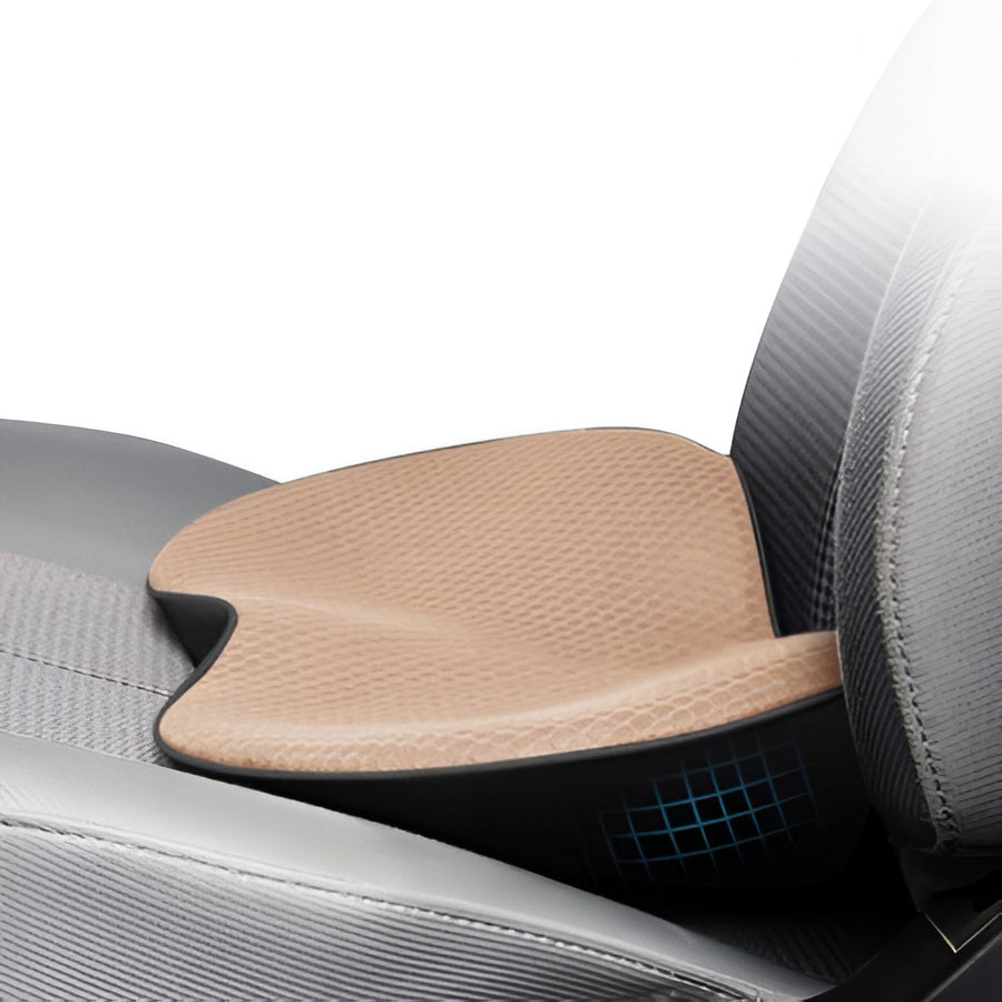 Height booster car seat cushion for shorter drivers, improving driving visibility & ergonomic posture with lumbar support.