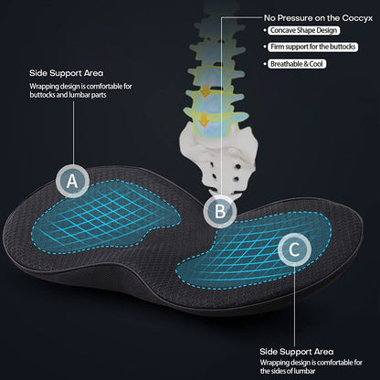 Unisex auto interior car seat cushion, memory foam designed for height boost & ergonomic lumbar support.