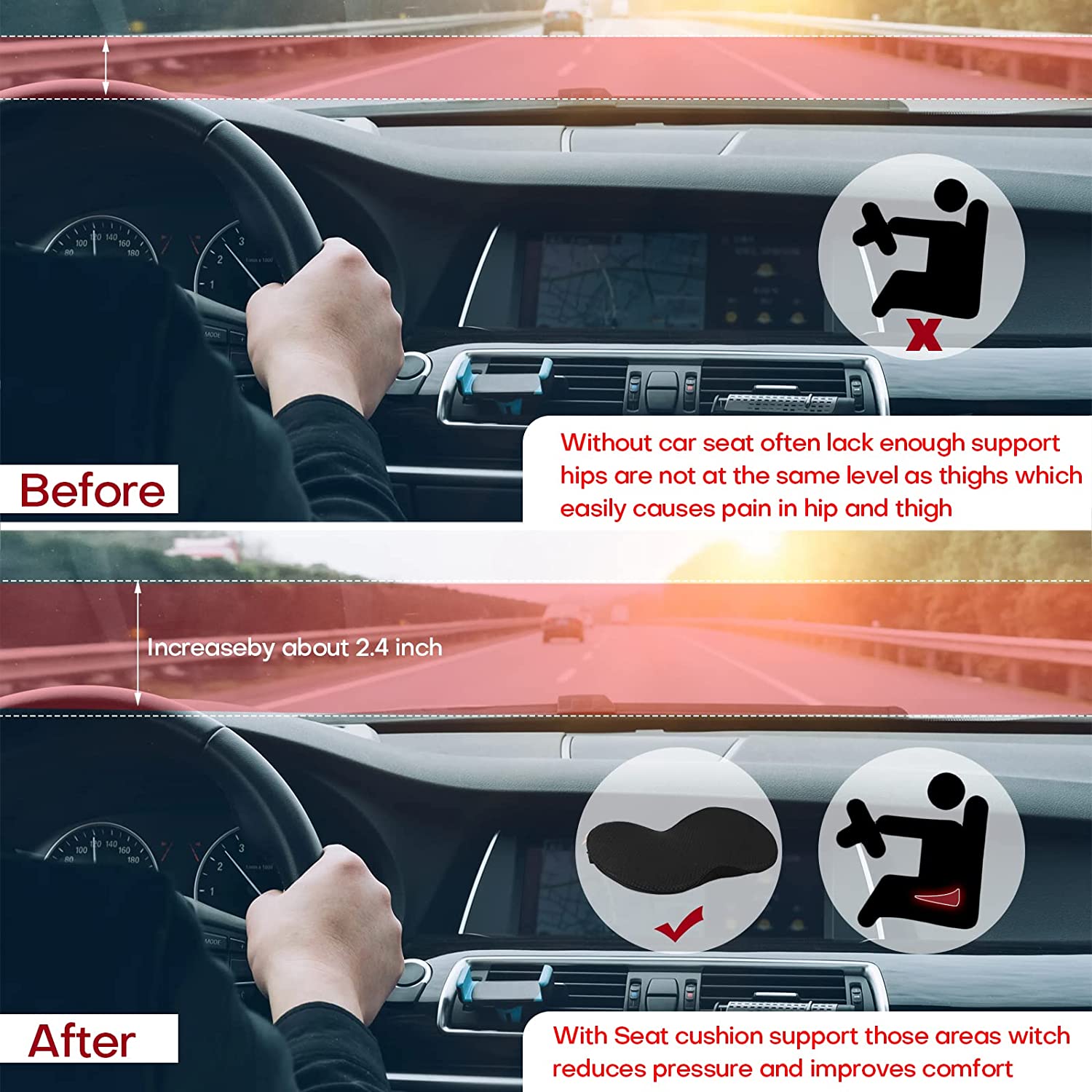 Premium driving comfort seat lift cushion with ergonomic back support, perfect for shorter drivers.