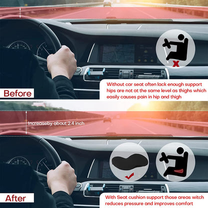 Premium driving comfort seat lift cushion with ergonomic back support, perfect for shorter drivers.