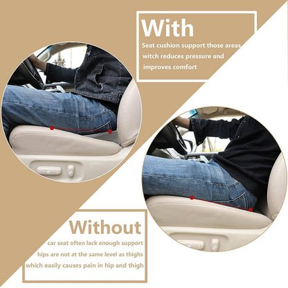 Contoured memory foam car seat cushion with integrated lumbar support for improved driving posture.