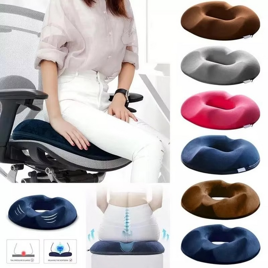Unisex memory foam donut seat cushion for tailbone support & pressure relief.