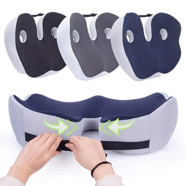 Targeted sit bone & tailbone relief with this adjustable memory foam seat cushion. Orthopedic support for comfort.