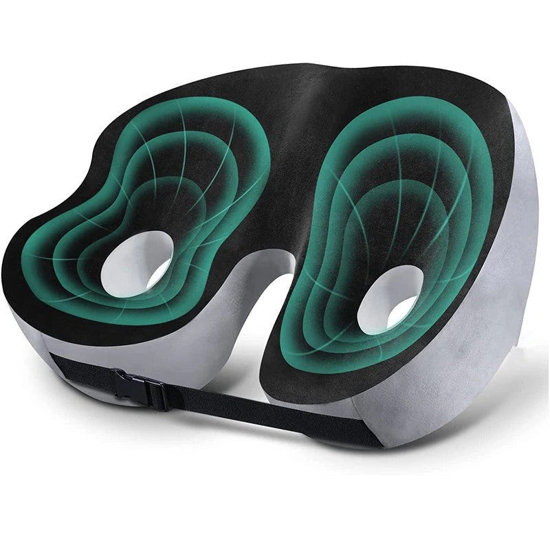 Memory foam seat cushion with adjustable support for sit bone comfort, back pain relief, and improved posture.