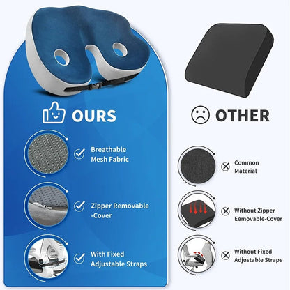 Pressure-relieving memory foam seat cushion for sit bone & back pain. Adjustable design for ultimate comfort & support.