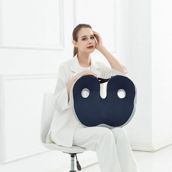 Ergonomic unisex seat cushion with memory foam for sit bone pressure relief. Adjustable for custom support & comfort.
