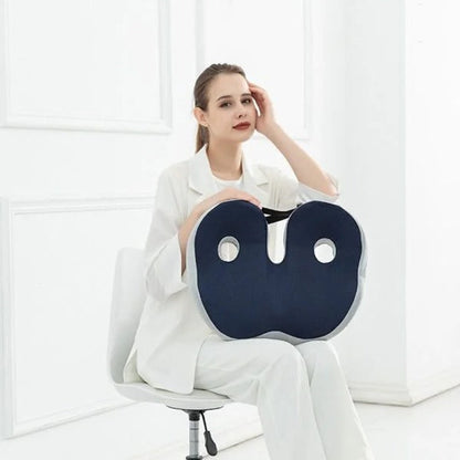 Ergonomic unisex seat cushion with memory foam for sit bone pressure relief. Adjustable for custom support & comfort.