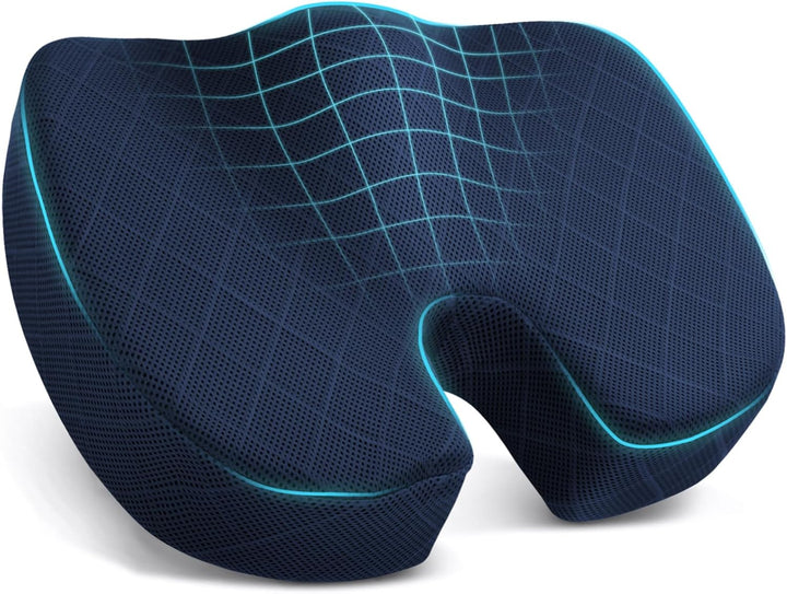 Ergonomic seat cushion with memory foam for enhanced office chair comfort and health benefits.