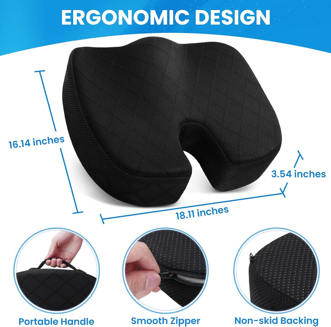 Universal memory foam cushion for car seats, office chairs, and wheelchairs, ensuring ultimate comfort.