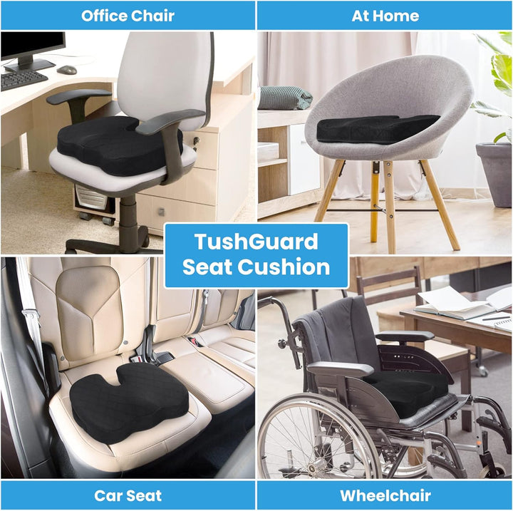 Unisex ergonomic memory foam cushion for lumbar support & tailbone relief in office & car.