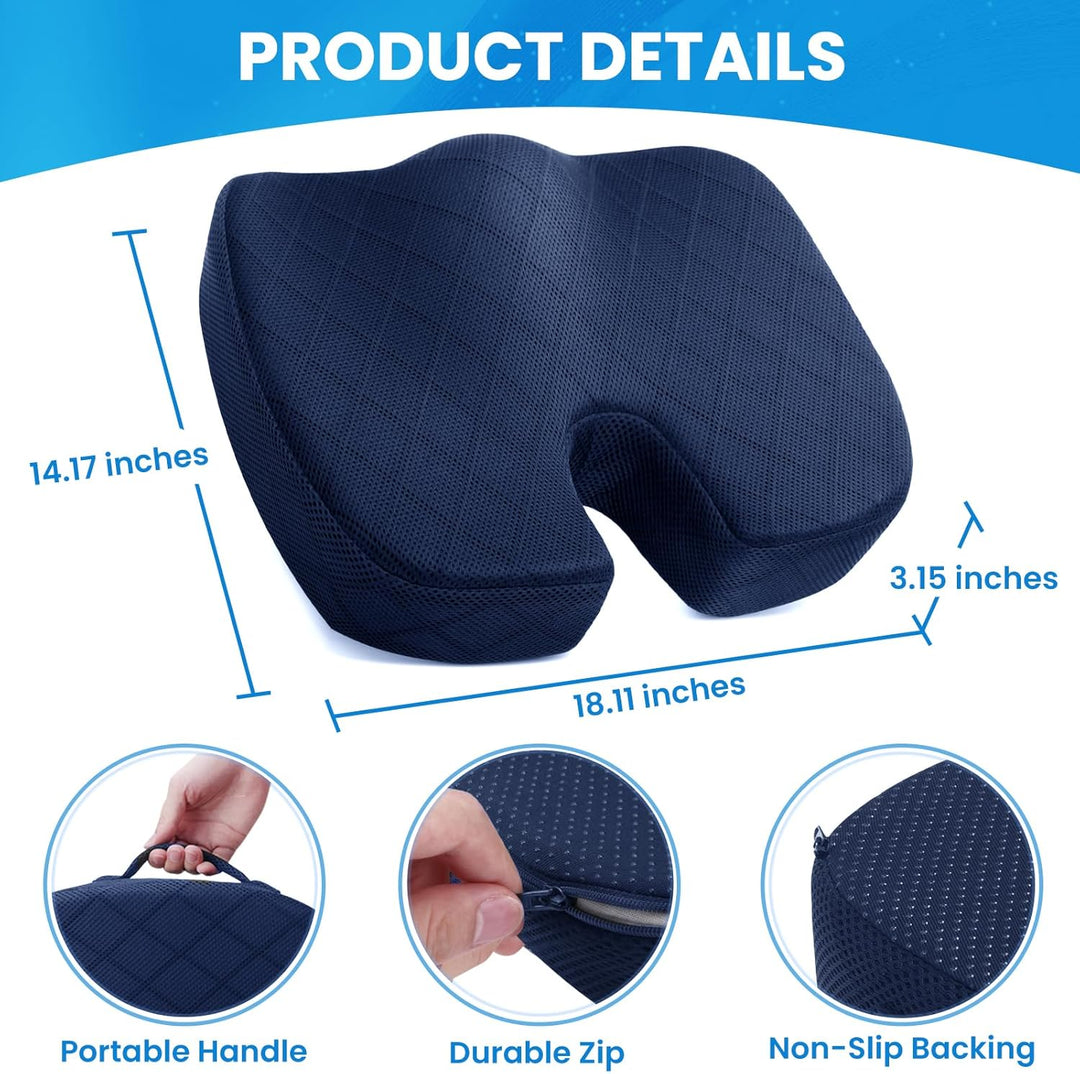 Ergonomic memory foam cushion for improved posture in office chairs & car seats, enhancing comfort.