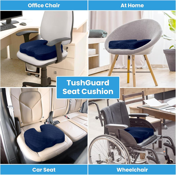 Portable memory foam seat cushion, ideal for travel, office, or car, ensuring comfort everywhere.