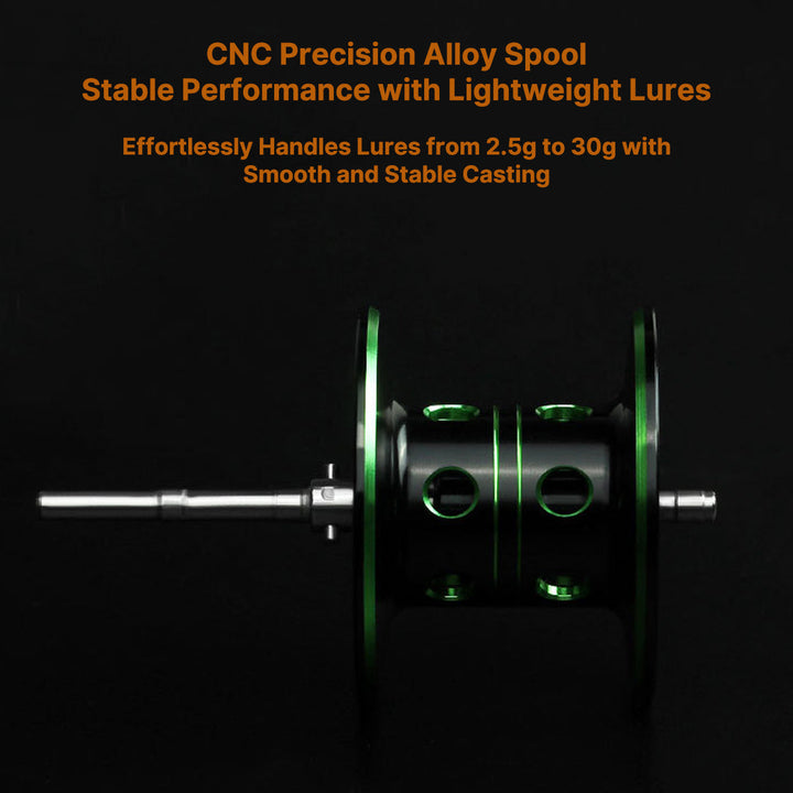 Compact micro baitcasting reel, ideal for sensitive lure fishing, durable magnesium alloy construction.