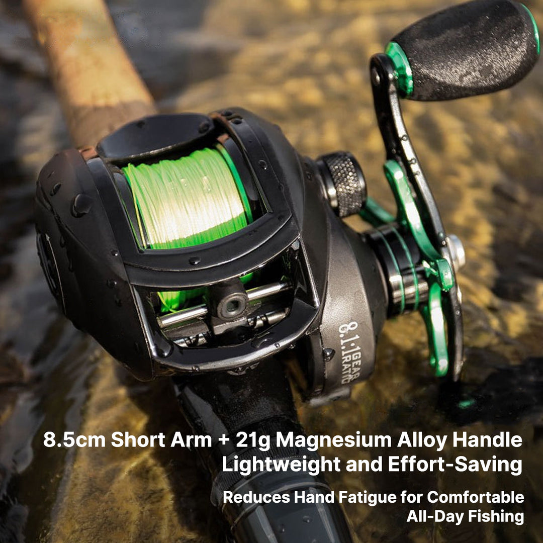 Detail view of a unisex micro baitcasting reel, showcasing its sleek design for lure fishing.