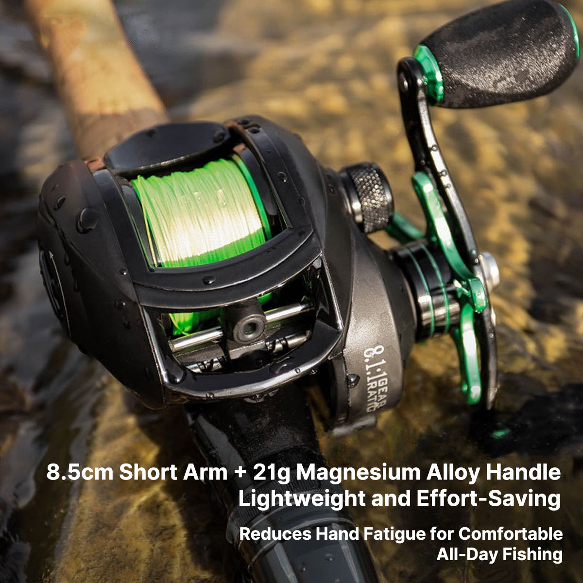 Detail view of a unisex micro baitcasting reel, showcasing its sleek design for lure fishing.