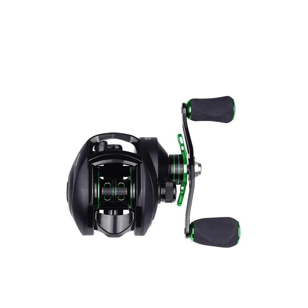 Close-up of a saltwater-ready micro baitcasting reel, optimized for accurate lure casting.
