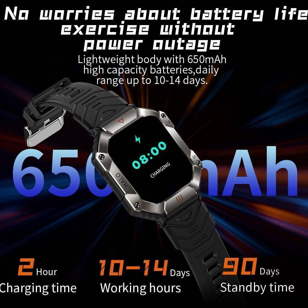 Rugged outdoor smartwatch with heart rate monitor, Bluetooth calling, and long battery life