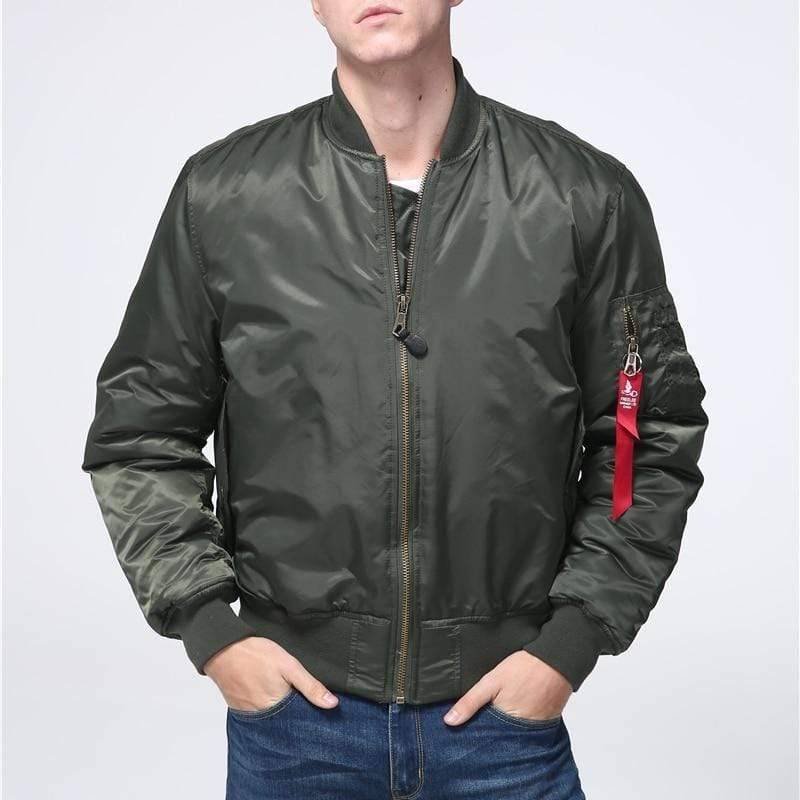 Unisex military-style flight bomber jacket in olive green, perfect for casual winter outerwear.