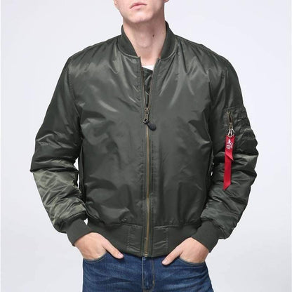 Unisex military-style flight bomber jacket in olive green, perfect for casual winter outerwear.