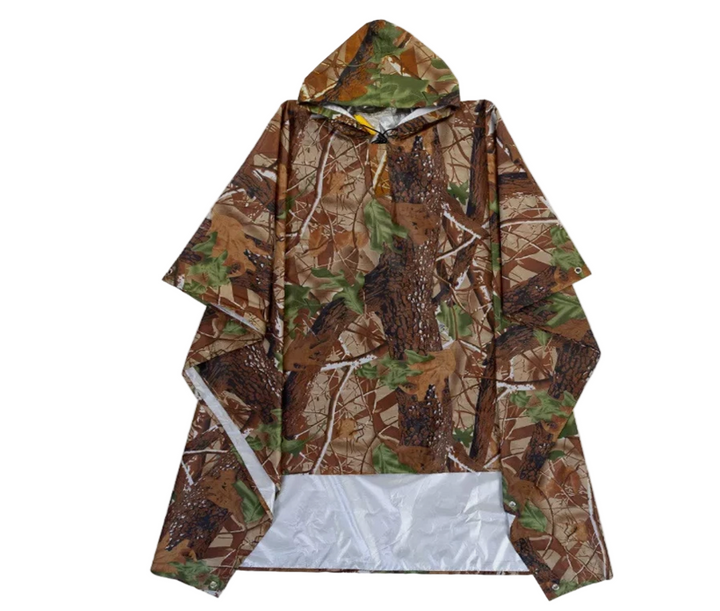 Hooded waterproof rain poncho, military style, ideal for hiking, camping, and emergency shelter
