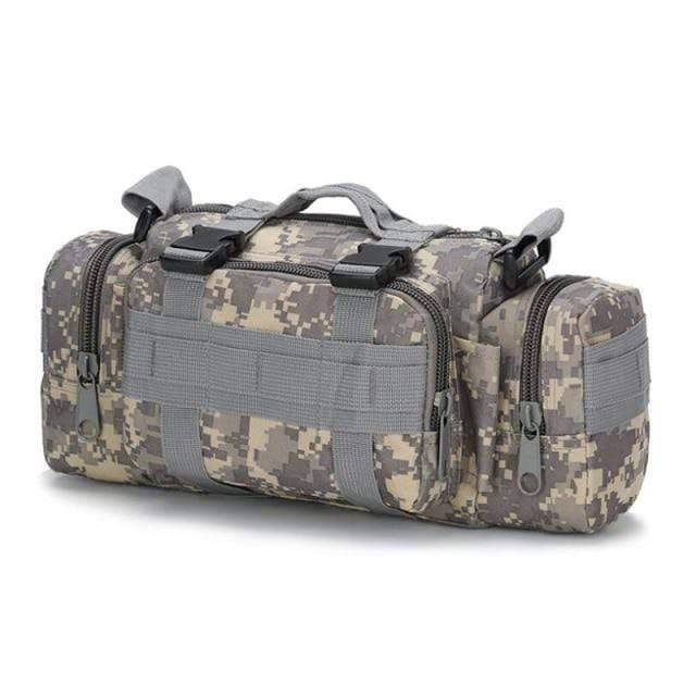 Khaki military waist bag with durable buckles and adjustable strap, suitable for various activities