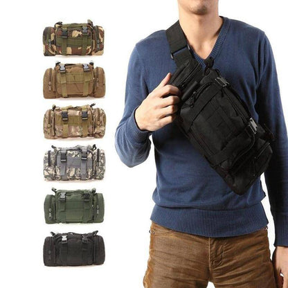 Close-up of olive green tactical molle climbing bag with front pocket and durable zipper
