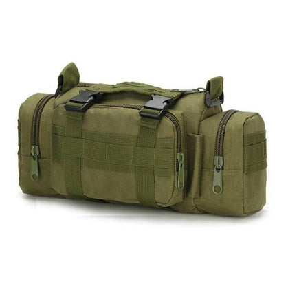 Side view of black utility molle waist bag worn by hiker, showcasing ample storage space