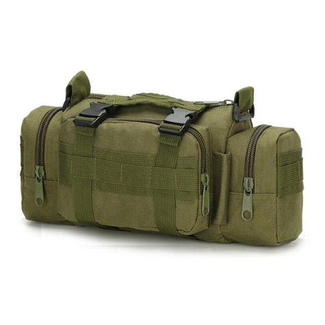 Side view of black utility molle waist bag worn by hiker, showcasing ample storage space