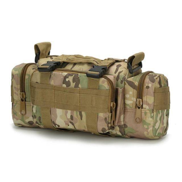 Front view of waterproof molle waist pack, perfect for hiking and outdoor adventures