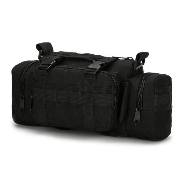 Model wearing a black tactical molle waist bag, highlighting its comfortable fit and practicality