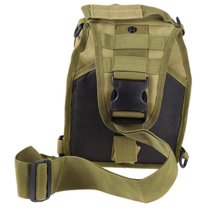Model wearing a desert tan tactical sling shoulder backpack, ready for survival & hiking