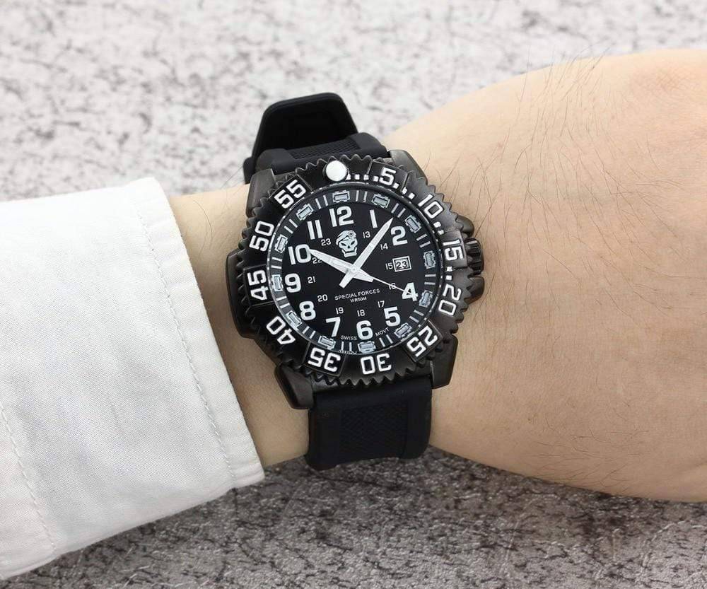 Adventure gear: unisex tactical survival watch with sapphire crystal, on a black background