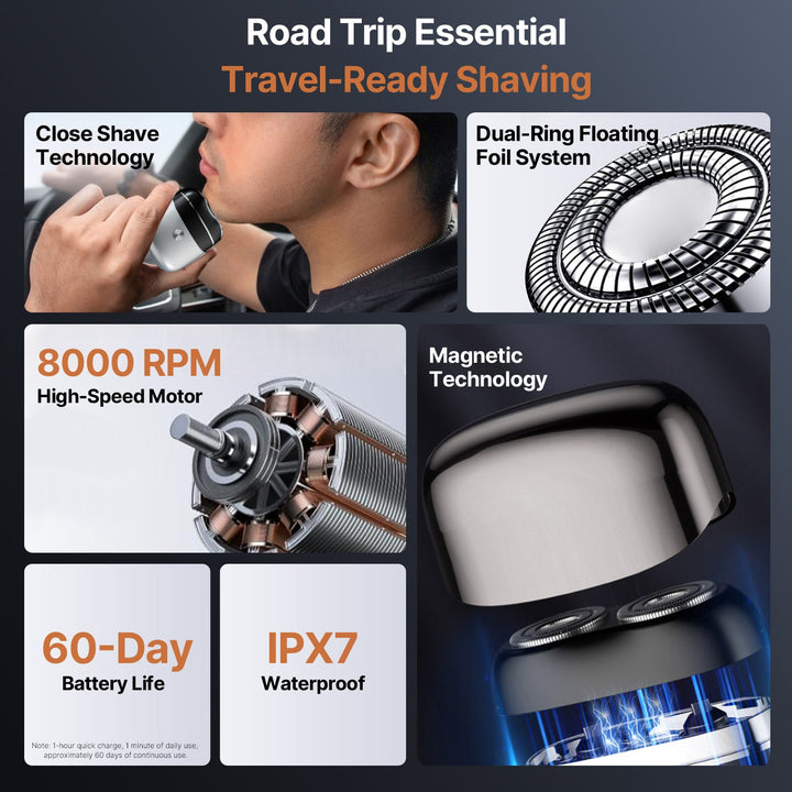 Compact electric razor for camping, daily use, and travel, with a convenient USB-C charger